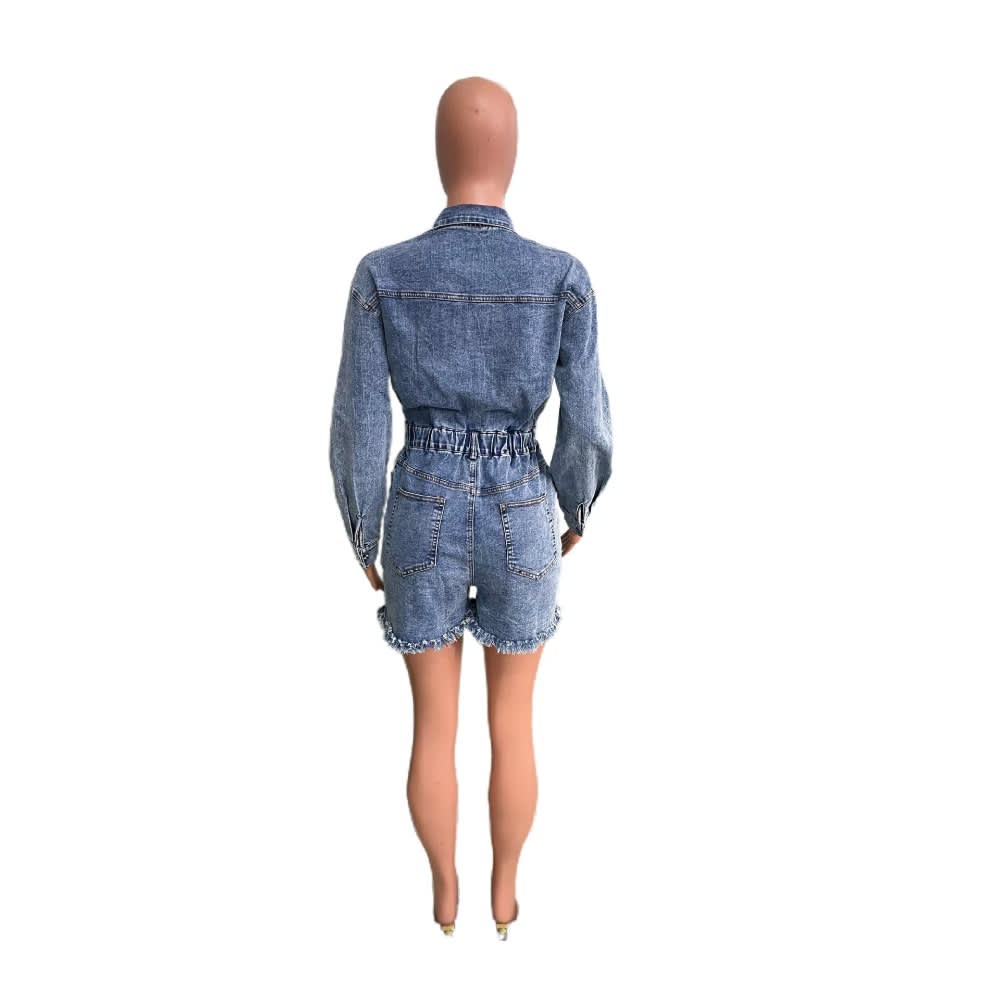 High Elastic Broken Hole Denim Playsuit Romper - Sexy Button V Neck Long Sleeve Jumpsuit